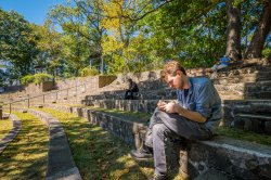 Students sit and study in the Amphitheater