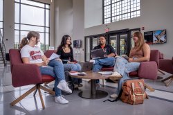 Four students sit in a modern lounge area with tall windows. They are engaged in a group discussion with notebooks, papers and laptops open.