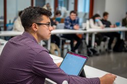 A student in an interactive classroom at Montclair State University