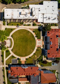 aerial photo of freeman hall, russ hall, and cali school of music