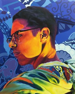 High-contrast painting of young man wearing glasses