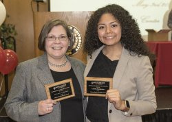 Dr. Carrie Hamilton [left] and student Cynthia Huasipoma [right] receive excellence awards from Montclair State University, May 2016.