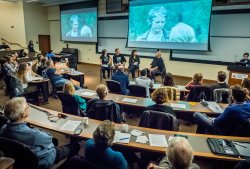 Adjunct instructor Susan Skoog and Montclair filmmaking students participate in a discussion with Joel Stillerman, President of Original Programming and Development for AMC and Sundance TV.