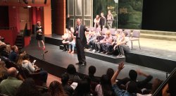 Prof. Susan Kerner (far left) with College of the Arts Dean Daniel Gurskis (center) on stage with Theatre students for a discussion at a fall 2015 Arts Days event. 