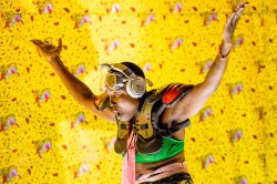 Choreographer Nora Chipaumire in her film "Afro Promo #1: Kinglady" made for Dance for Film on Location at Montclair State University.