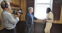 School of Communication and Media News Producer Steve McCarthy films Montclair middle-school teacher Dan Gill and his former student Tourrie Moses in his film "The One That Got Away."