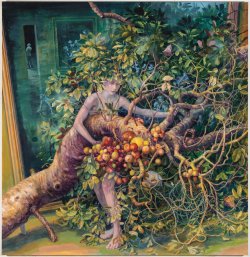 Professor Julie Heffernan's work "Self Portrait With Tree" 2015 / oil on canvas / 68 x 60 inches, featured in her acclaimed show "Pre-Occupations."
