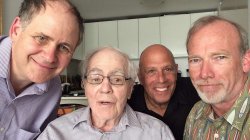 Documentarians, from left, Jonathan Alter, John Block and Steve McCarthy, won an Emmy for the HBO historical documentary, "Breslin and Hamill: Deadline Artists." They are shown with the legendary Jimmy Breslin.