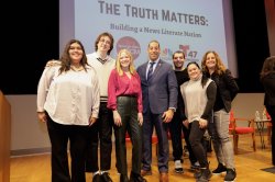 Montclair Mayor and President of NJEA Sean Spiller joins the Montclair State PRSSA Bateman Team (Left to Right: Miriam Aguirre, Driton Cadraku, Robyn Platz, Rami Niwash, Gabby Florendo, and (Montclair Native) Professor Mary Scott) at “The Truth Matters: Building a News Literate Nation” panel discussion on campus.