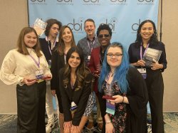 From left to right are WMSC students Marissa Thorn, Jared Tauber, Nicole Passero, JT Bethea, Emily McCormack and Terry Dickerson. They are joined by station General Manager and CBI President Anabella Poland and John Owens, Vice President of CBI.