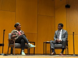 eyla McCalla, 2025–2026 Artist-in-Residence at the Cali School of Music, with Shea Scruggs, Director of the Cali School of Music, during their on-stage conversation in Leshowitz Recital Hall.