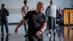 Jason Cameron runs through choreography in Montclair State University’s dance studio during the summer 2024 MFA in Dance intensive session. (Photo by University Photographer Mike Peters)