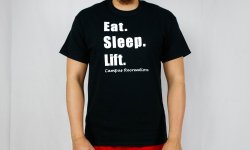 Black short sleeve t-shirt that says eat. sleep. lift. campus recreation in white lettering