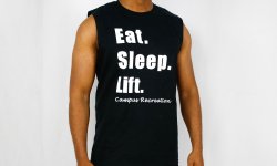 Black sleeveless shirt the at says eat. sleep. lift. campus recreation in white lettering