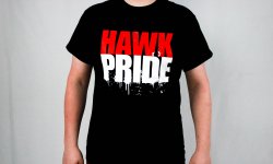 Black short sleeve t-shirt that says hawk pride in red and white lettering