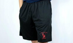 black shorts with pockets that say montclair state campus recreation with the red hawk logo in red