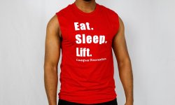 Red cut off that says Eat Sleep Lift Campus Recreation