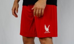Red shorts with the Montclair State University red hawk logo that says campus recreation in white
