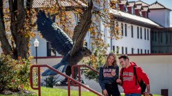 students walking on campus in front of hawk statue