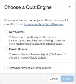 Screenshot depicting the choice of what quiz engine to use on Canvas.