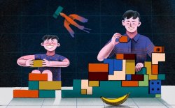 Illustration of child and man playing with blocks