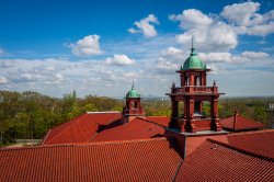 Aerial view of campus in the spring.