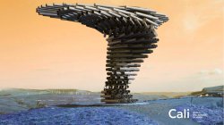 Experimental Artwork made of pipes in field in shape of tornado 