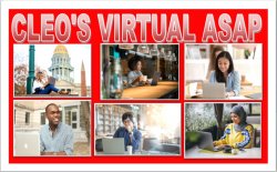 CLEO'S VIRTUAL ASAP event title centered above six different images of diverse adults looking at their laptops in cafe, outdoor, and work settings