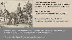 Flyer for "The King's Docile Body?" Lecture with an etching of a King in a carriage