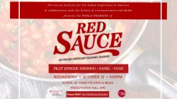 a flyer. Coccia Institute presents world premiere of "Red Sauce: An Italian American Culinary Journey"