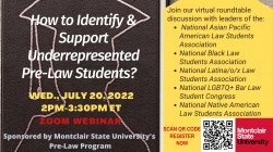 Left side is a black background with the chalk outline of a graduate in a cap with tassel to the right; the right side of the image is a yellow background with the names of the law student organizations participating in the event; below on the right corner are a QR code to scan and register for the event followed by the Montclair State University logo to the right