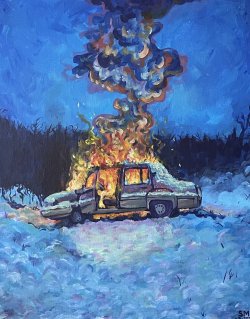 A painting of a car on fire in a winter wooded clearing