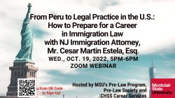 background is view of the Statute of Liberty facing the NYC skyline; Montclair State University Logo is in lower right corner; the QR code to sign up is in the left bottom corner