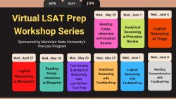 calendar theme event announcement with black background and dates for 9 Virtual LSAT Workshops posted above rectangular word boxes with different colored backgrounds: red, green, purple, orange, blue, grey, pink, lime green, and orange