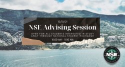 Glacier background with title over saying "NSE Advising Session" and National Student Exchange logo on the bottom right