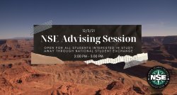 Picture of Mountains with Title "NSE Advising Session" and National Student Exchange logo