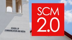 SCM 2.0 logo floating in front of SCM building