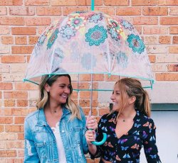 Photo of two girls standing under an umbrella.