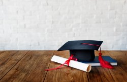 Header image of graduation cap and award in front of a white brick background.