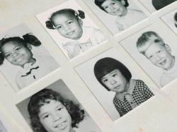 Photos of students at Tilden Primary around 1968. Top row, from left, Elaine Hunter, Tish Edwards-Kimmins and Lisa Simone Kingstone; bottom row, Victoria Coverson-Baxter, left, and Ron Lehman, far right. Most of the students pictured were part of the first class of kindergartners to integrate Berkeley schools. Credit: Ximena Natera, Berkeleyside/CatchLight