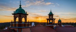 Aerial view of Cole Hall bell towers at sun set