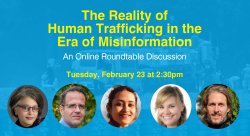 The Reality of Human Trafficking in the Era of Misinformation graphic with presentors faces