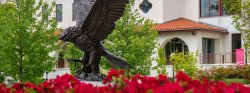 Photo of Bronze Red Hawk Statue in Spring
