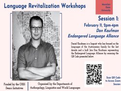 event flyer for february 11 event with Danial Kaufman on the topic of language revitalization