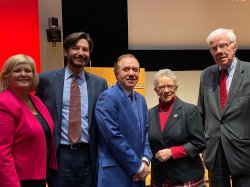 Photo of Brigid Callahan Harrison, Montclair President Jonathan Koppell, NJ State Assembly Speaker Craig Coughlin, Assemblywoman Mila Jasey, and Assemblyman Thomas Giblin