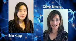 Collage of Photos of Erin Kang and Carrie Masia with the brain neurons in background