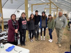 photo of a group of students standing side by side in a large greenhouse