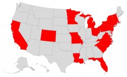 Map of USA with several states highlighted in red