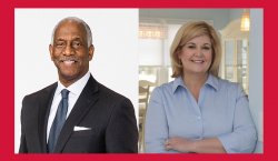 a collage image - a headshot of Michael Cryor on left and Brigid Harrison on right with a red background behind both images