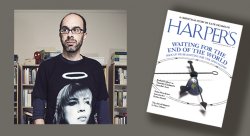 photo of Professor Michael Robbins with bookshelves behind. the right of his photo is a the cover of the Dec. 2022 issue of Harper's Magazine with his essay on the cover